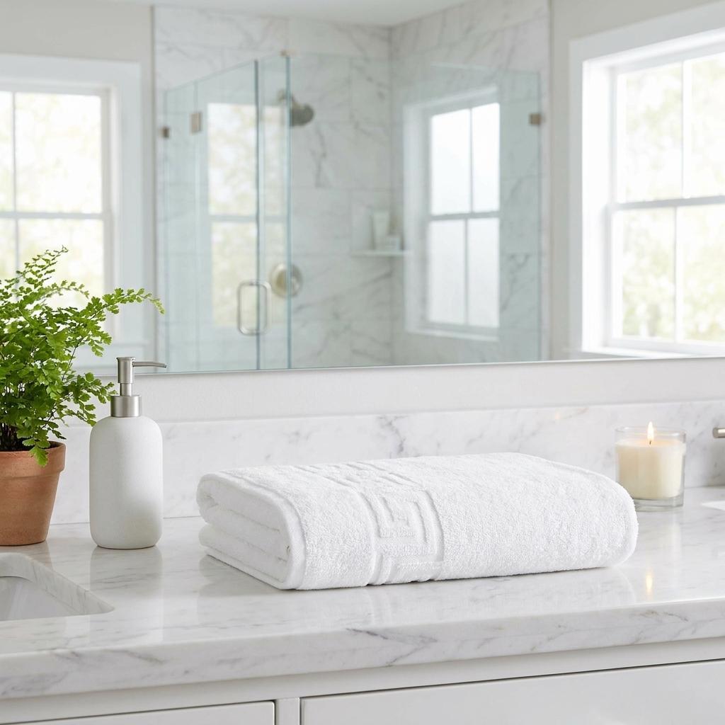 Set of two white bath towels, Greek key border, folded on a bathroom counter