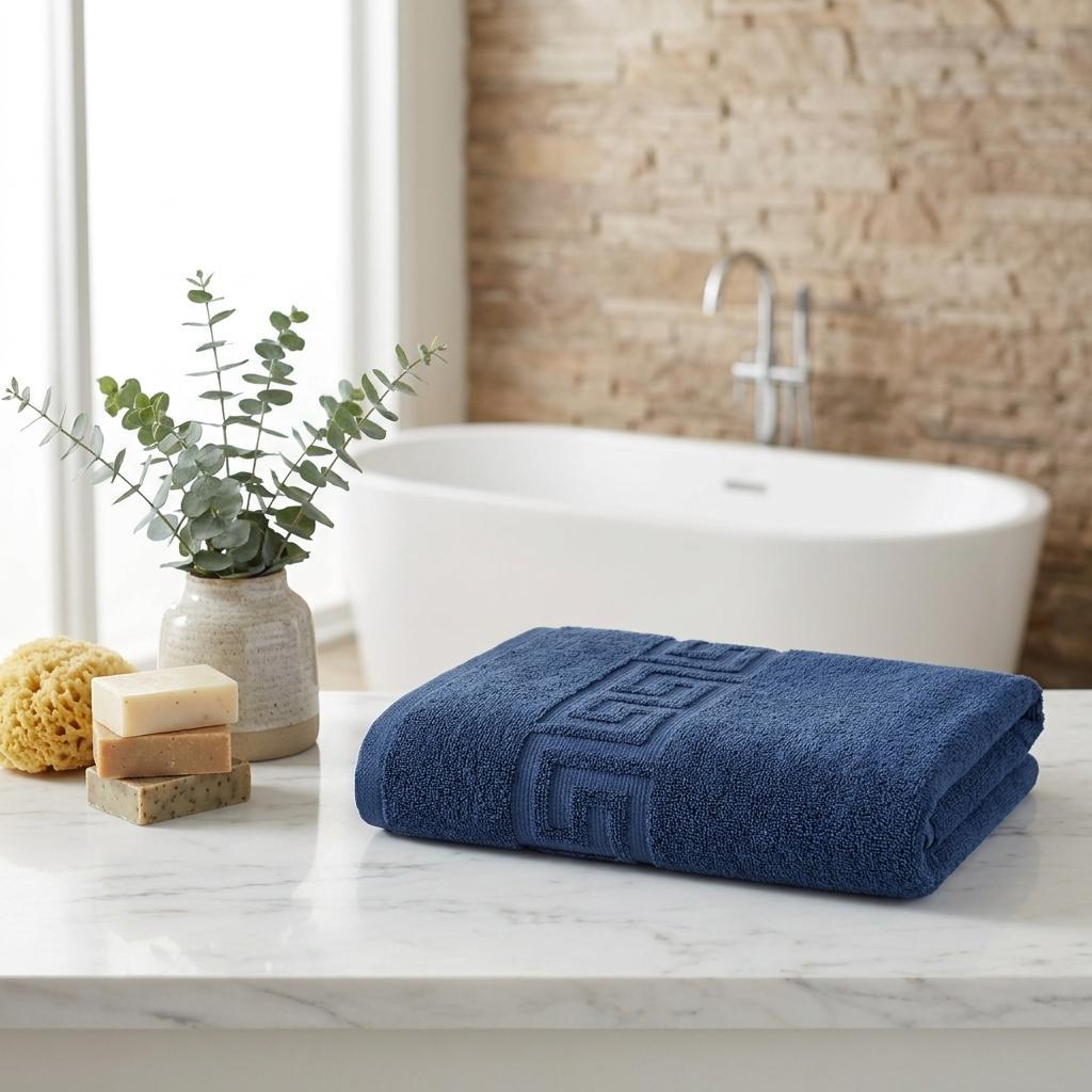 Set of two navy Greek key cotton hand towels, folded