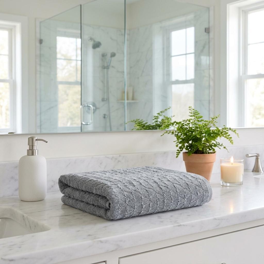 Set of two light gray bath towels, geometric Turkish cotton, folded on counter