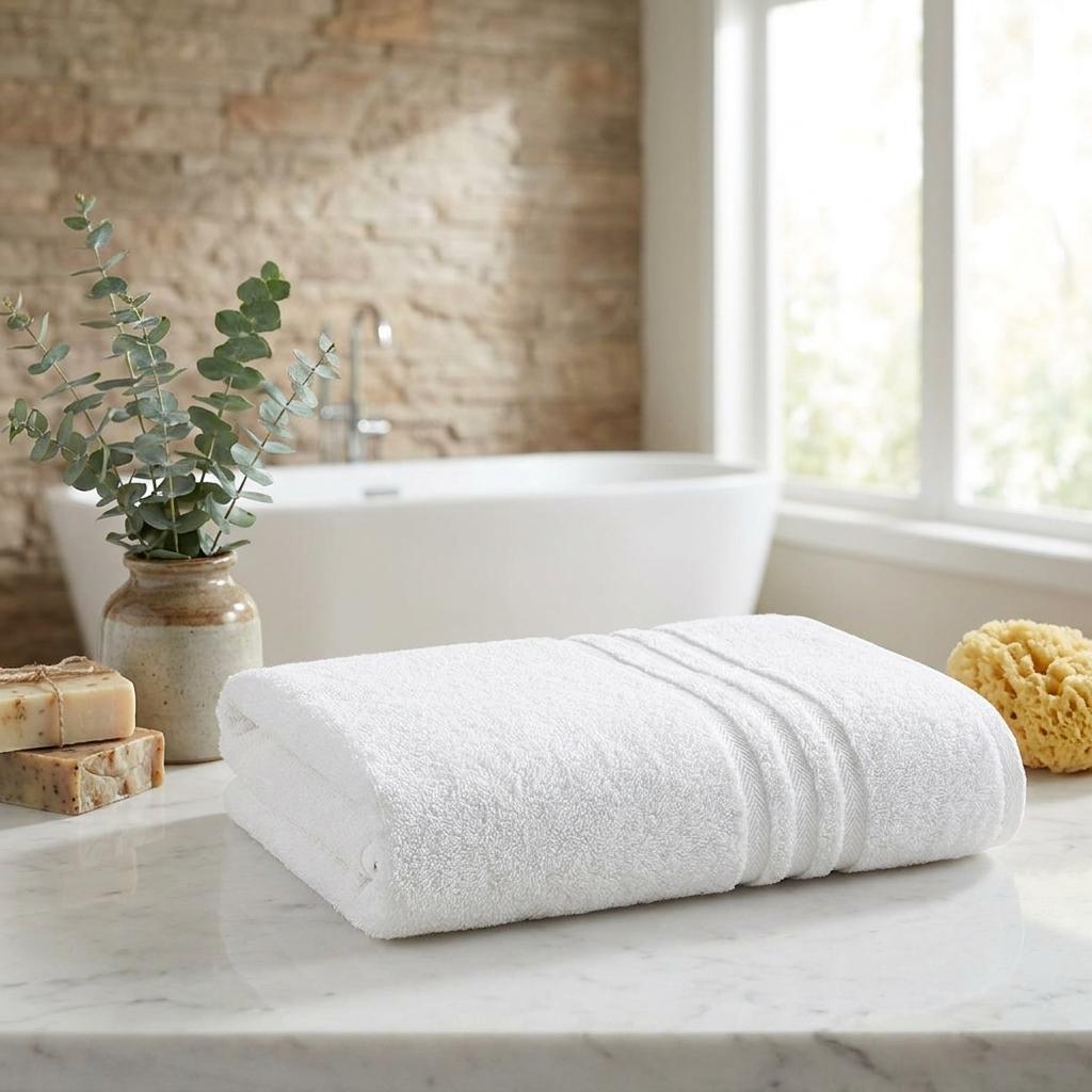 Set of two light bath towels, folded with plush terry loops, 27x54 in each