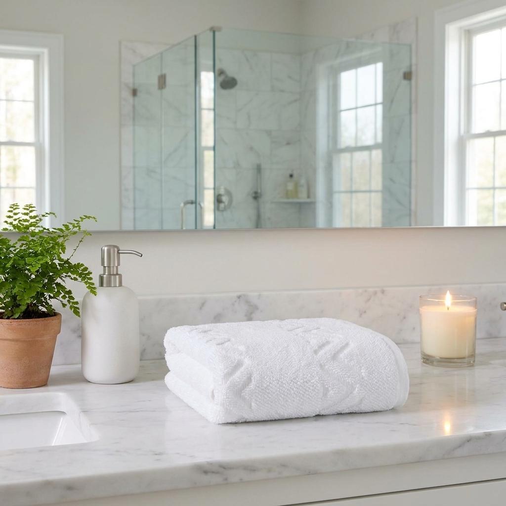 White geometric Turkish hand towel rolled on bathroom countertop