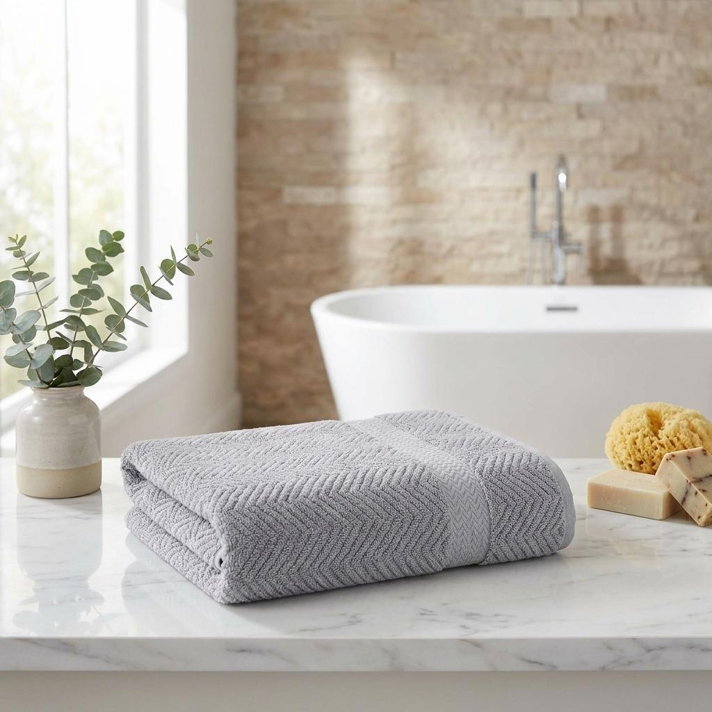 Gray Turkish cotton bath towel with chevron pattern, neatly folded