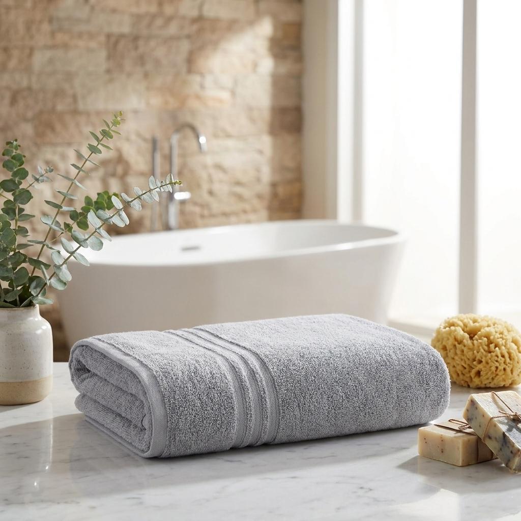 Light gray Turkish cotton bath sheet set of two, folded towels with ribbed stripe trim