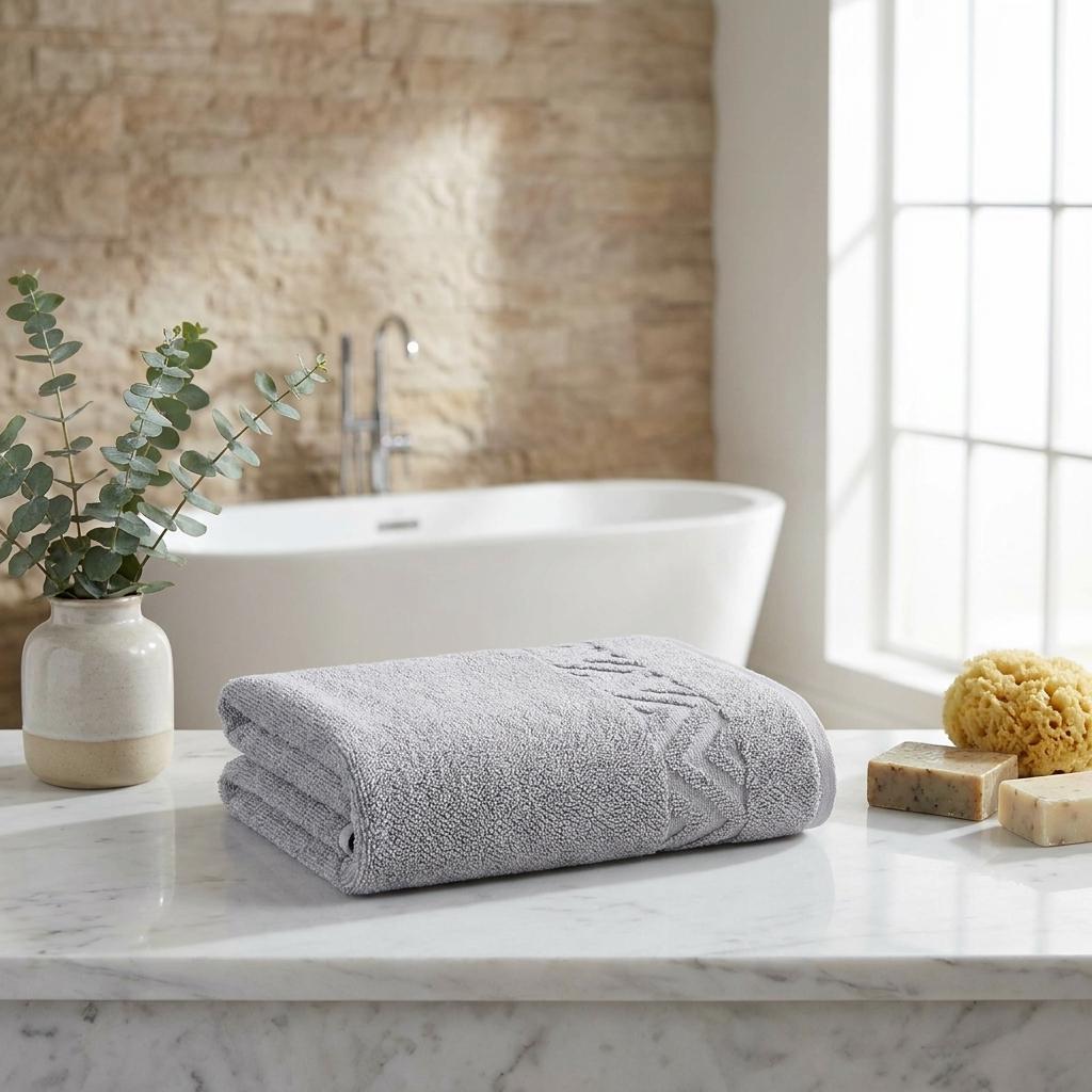 Light gray Turkish cotton hand towel folded on a bathroom countertop with geometric pattern.