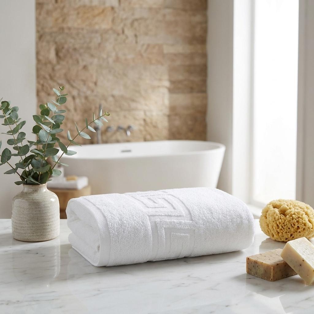 White Turkish cotton hand towel roll with Greek key pattern detail