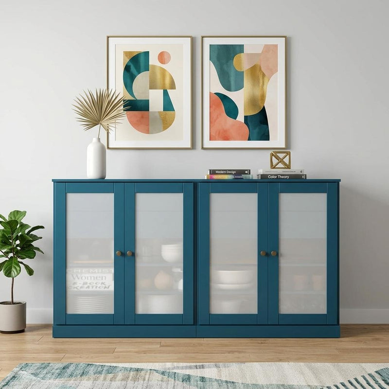 Teal blue sideboard cabinet with four paneled glass doors and round knobs