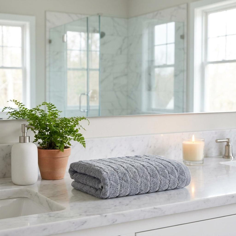 Light gray geometric Turkish cotton hand towels, folded on bathroom counter