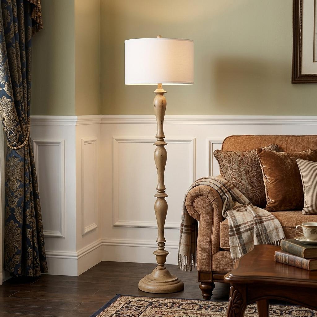 62" Brown And White Polyresin Floor Lamp With White Fabric Shade - Lighting