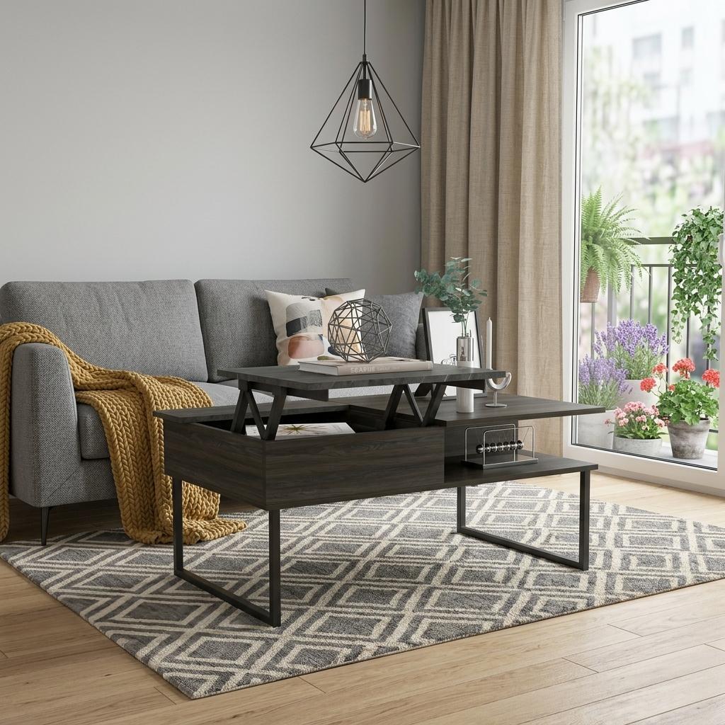 41" Gray And Onyx Metal Lift Top Coffee Table With Two Shelves - Living Room