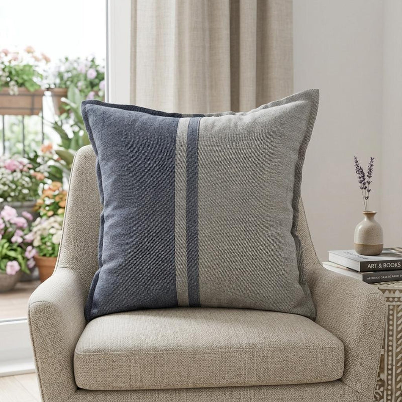 20" Blue And Gray Striped Linen Throw Pillow Cover - Home Decor