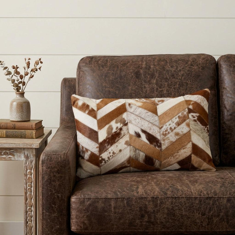 12" X 20" Brown and Off White Chevron Cowhide Throw Pillow - Home Decor