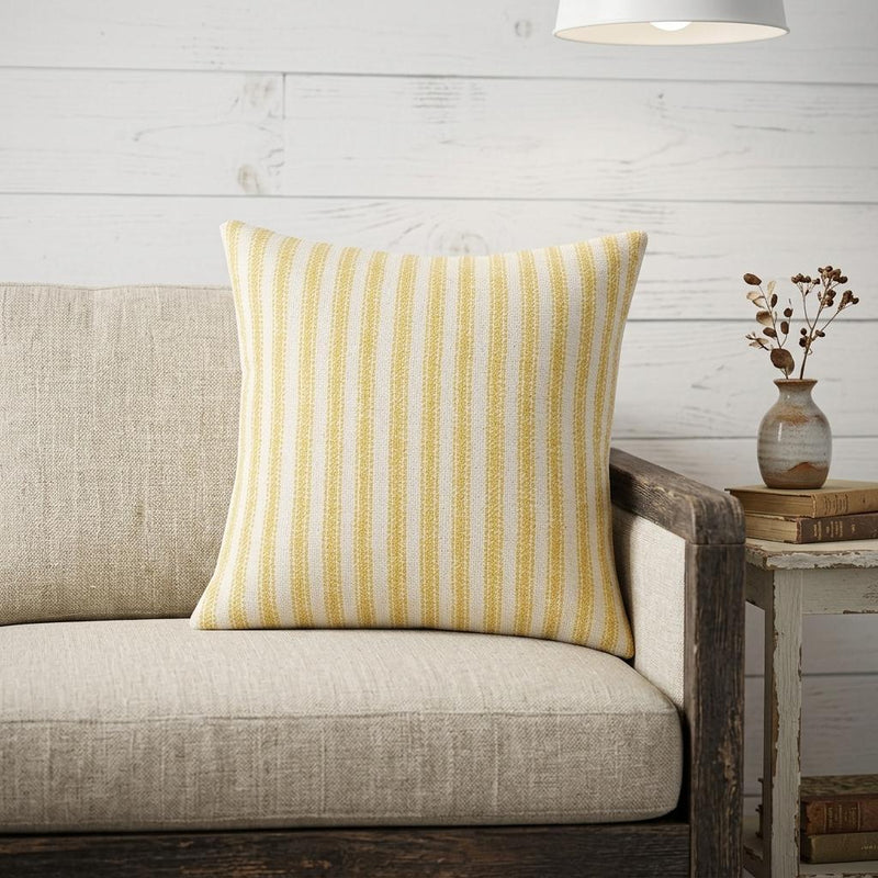 20" Yellow And Natural Ticking Stripe Cotton Canvas Throw Pillow - Home Decor