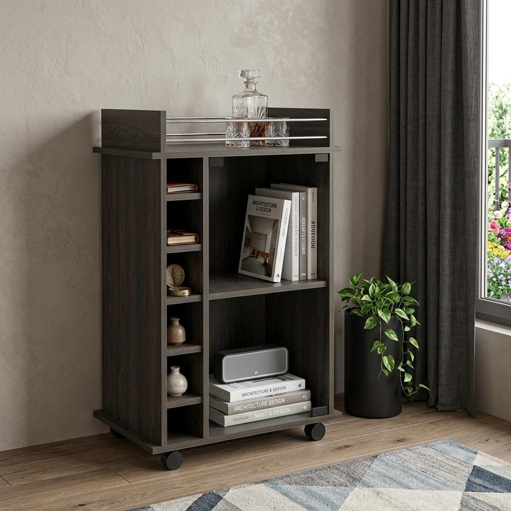 22" Espresso Wood Rolling Bar Cart With Wine Storage - Kitchen & Dining