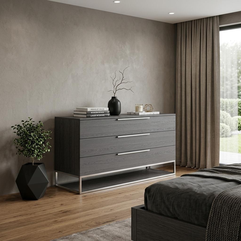 Grey three-drawer dresser with metal bar pulls and open-frame base.
