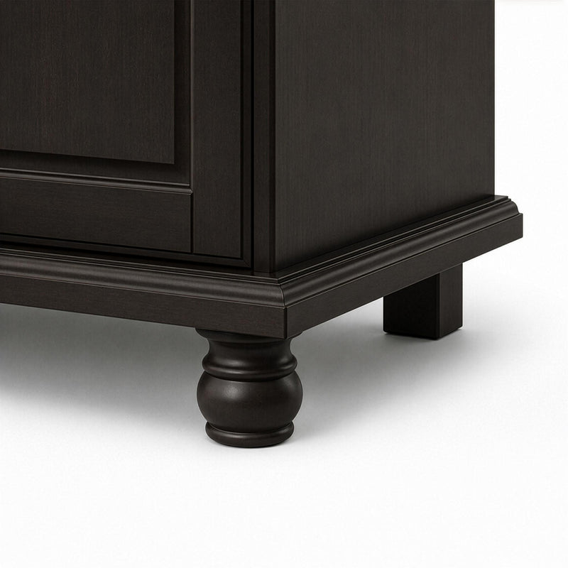 Espresso wood dresser corner with turned bun-foot and dark base trim