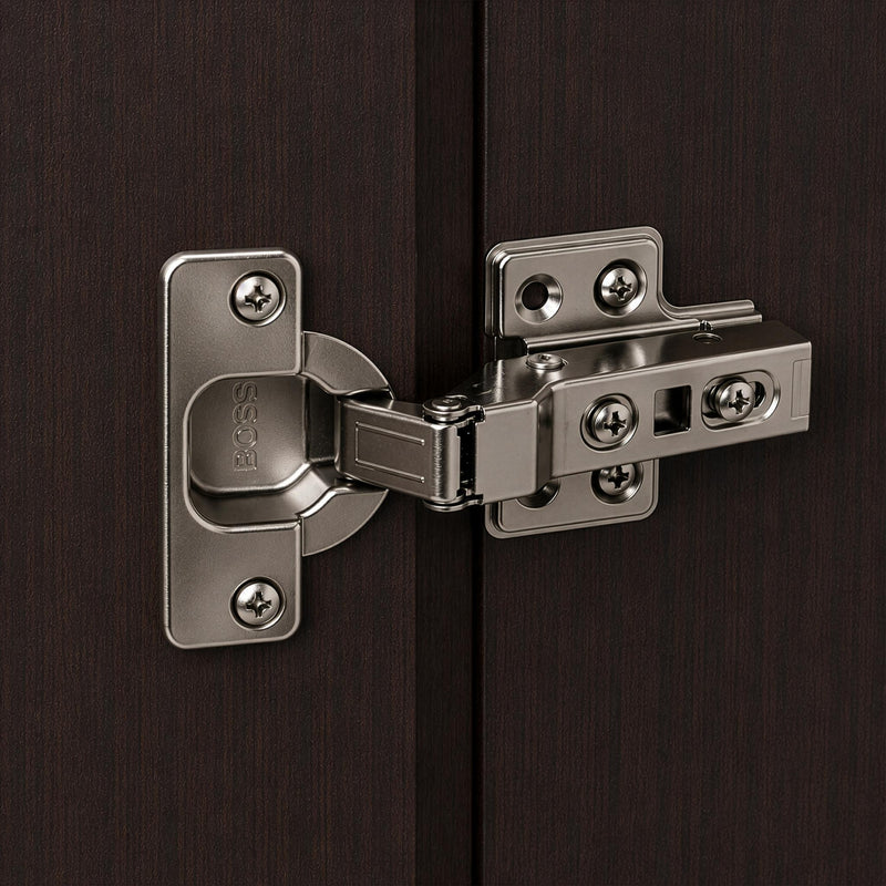 Dark brown solid wood dresser door with brushed metal hinges and latches