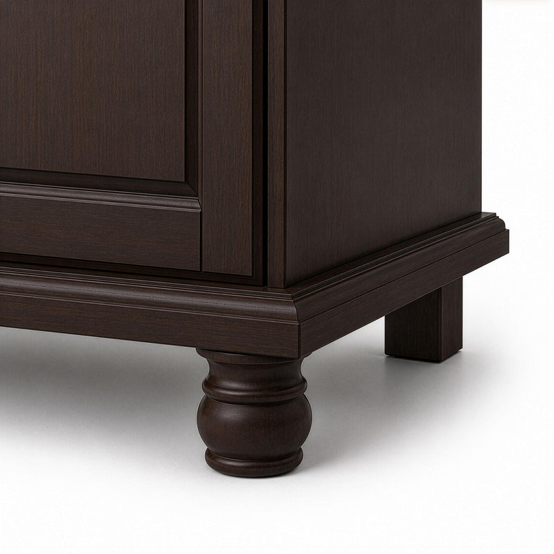 Dark brown solid wood dresser with rounded turned legs and molded base