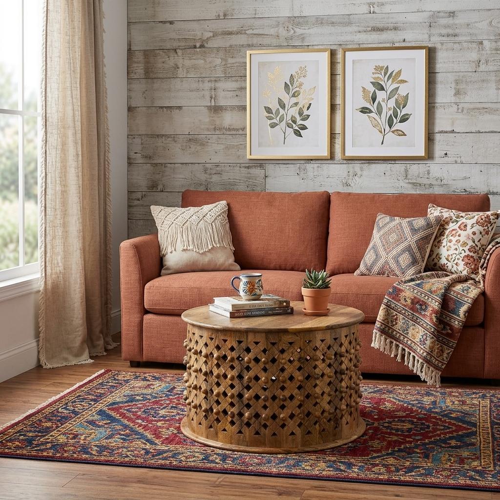 Natural solid wood round drum coffee table with carved diamond pattern and flat top