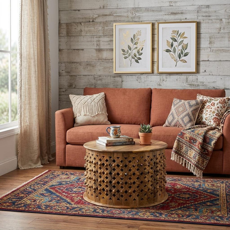 Natural solid wood round drum coffee table with carved diamond pattern and flat top