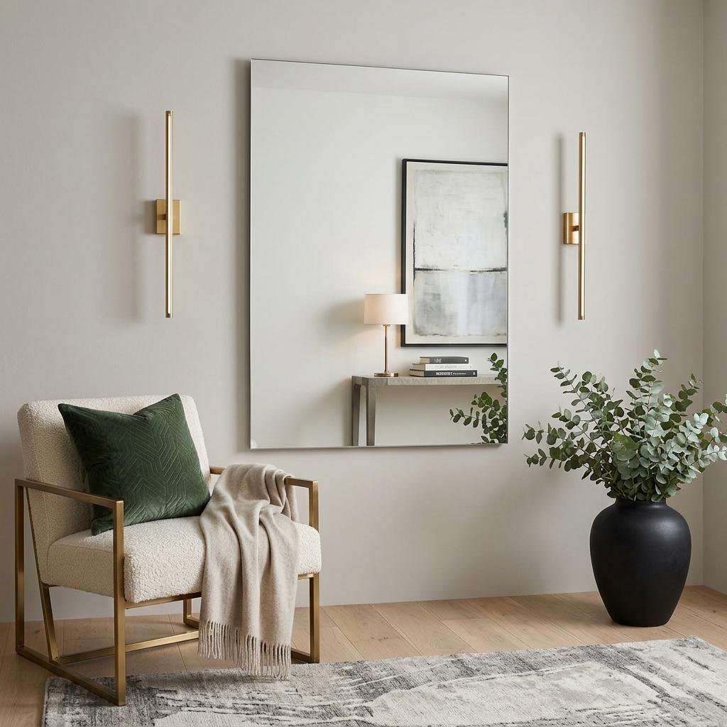 Frameless wall-hanging full-length mirror with smooth rectangular glass and thin edge