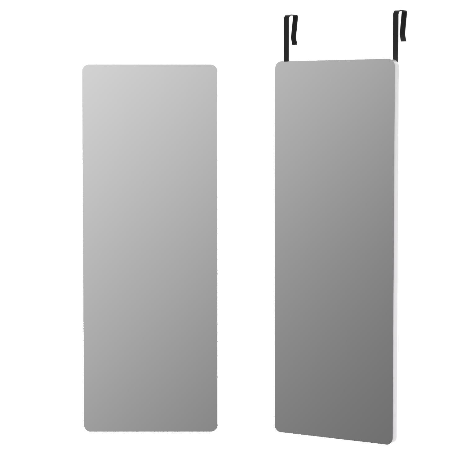 Frameless full-length hanging mirror with black top suspension straps, rectangular shape