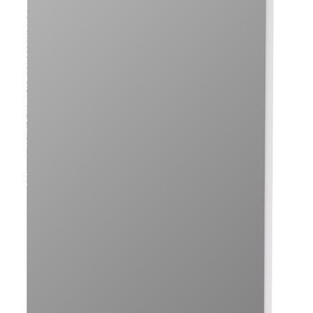 Frameless full-length hanging mirror panel close-up, smooth gray reflective surface