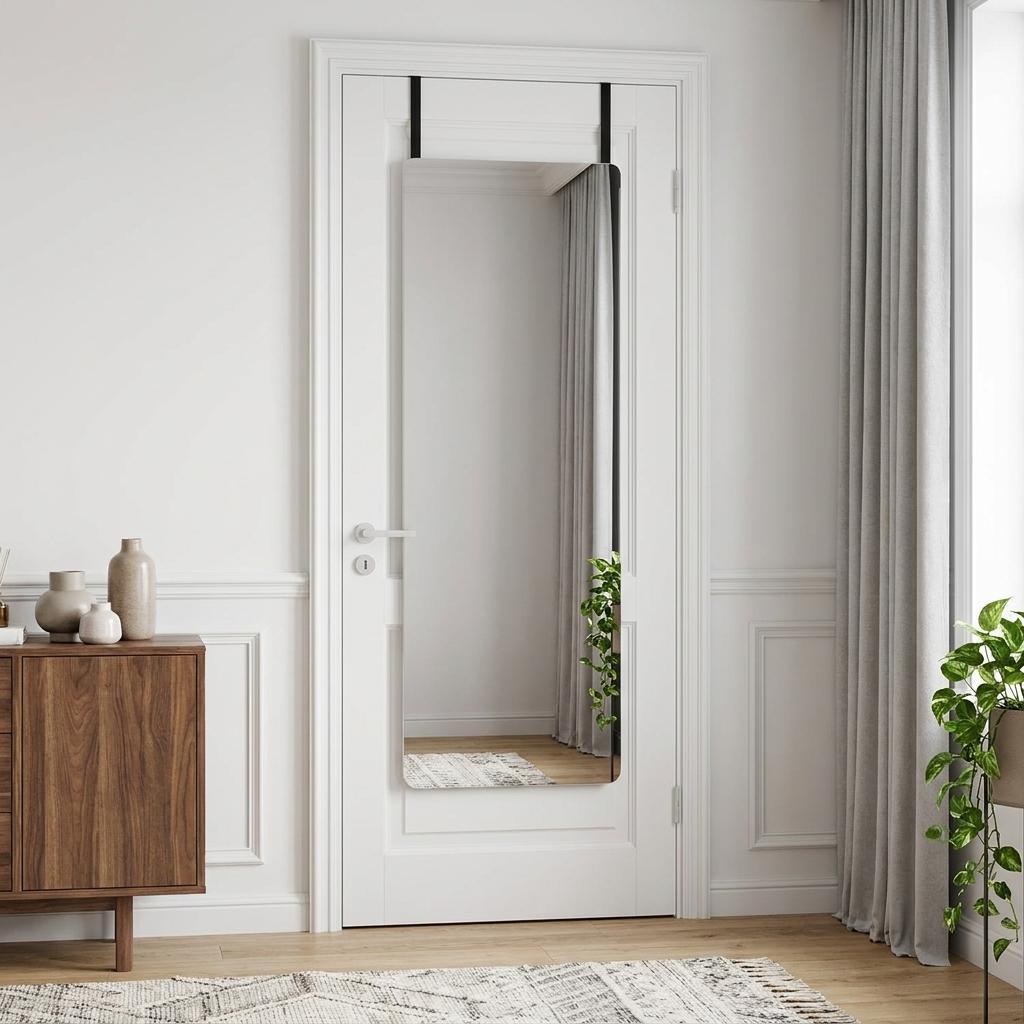 Frameless full-length hanging mirror on door, rectangular reflective panel