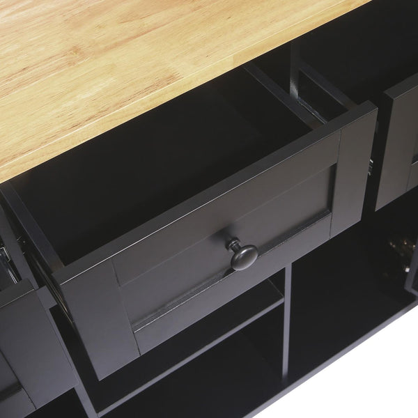 Black rolling kitchen cart drawer with silver knob and dark wood top