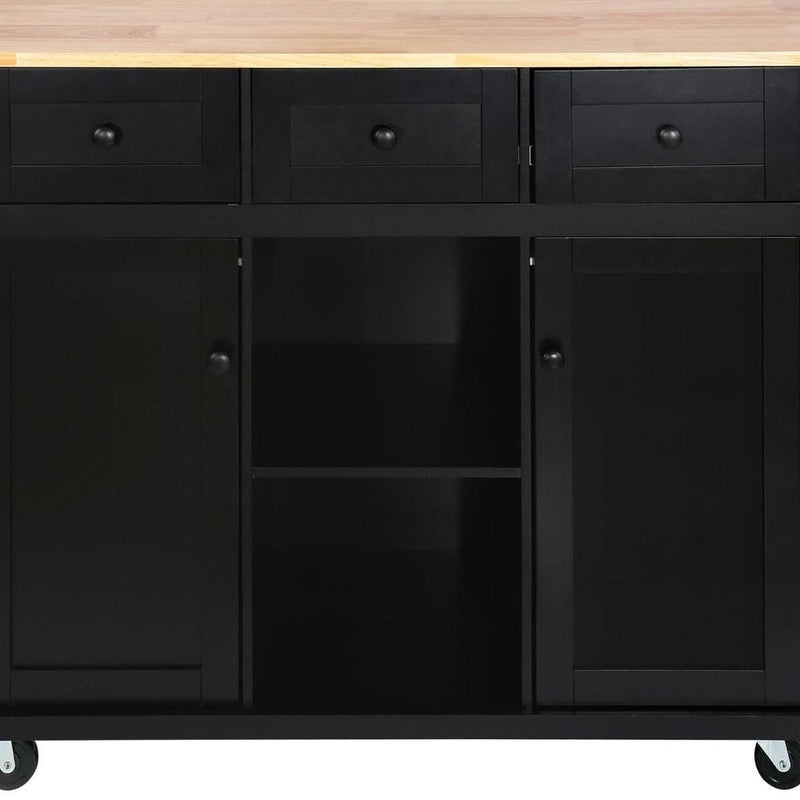 Black rolling kitchen cart front with two doors and middle open compartment