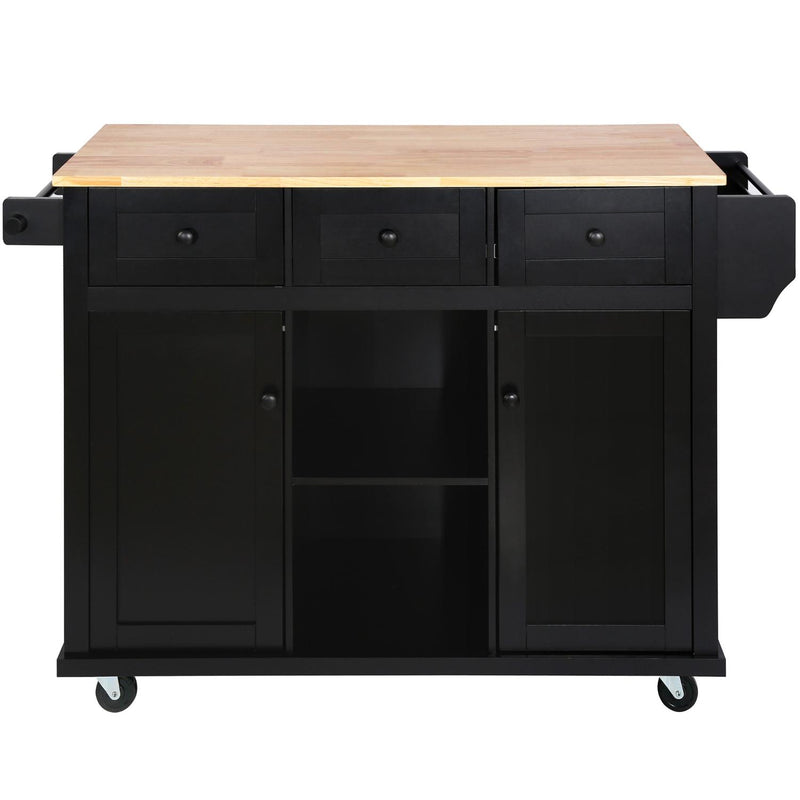 Black rolling kitchen cart with wood top, three drawers, and two cabinet doors