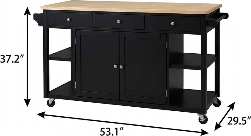 Rolling kitchen cart with wood top, cabinet storage, and four caster wheels