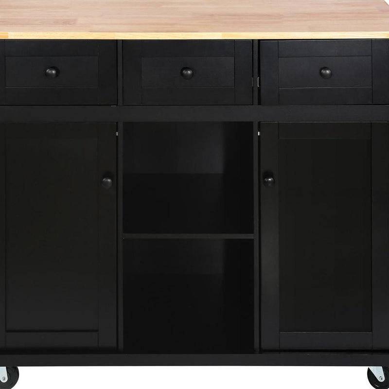 Black rolling kitchen cart with two cabinet doors and central open shelf