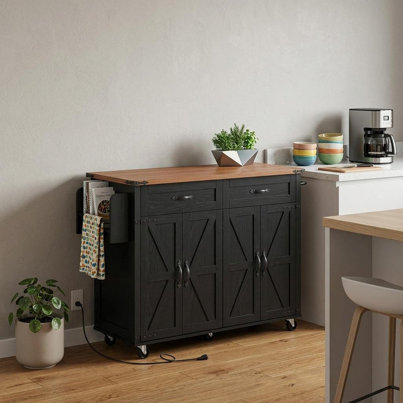 Rolling kitchen cart with dark cabinet doors and drawers, wood top, on caster wheels
