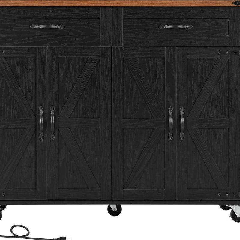Dark wood cabinet doors with decorative panels and metal handles, on caster wheels