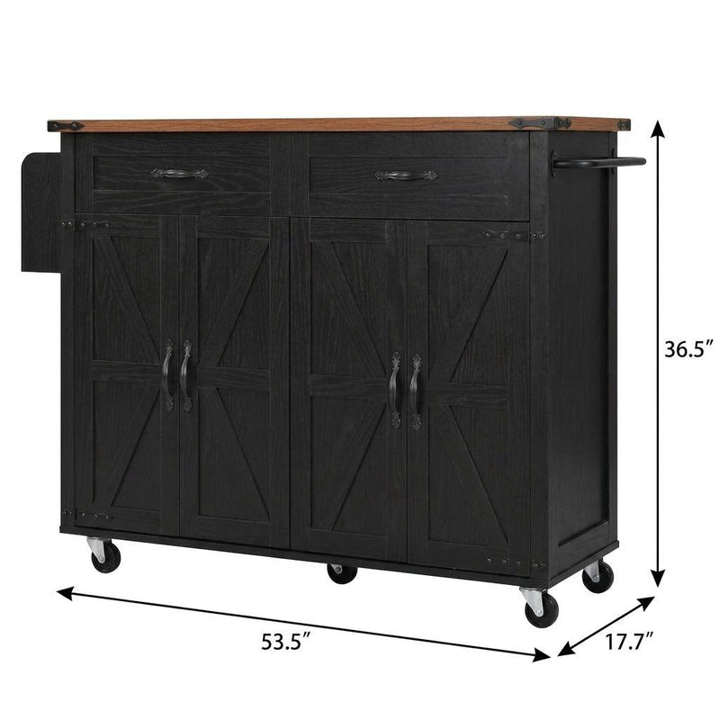 Rolling kitchen cart, 53.5 x 17.7 x 36.5 in, dark doors, wood top, casters
