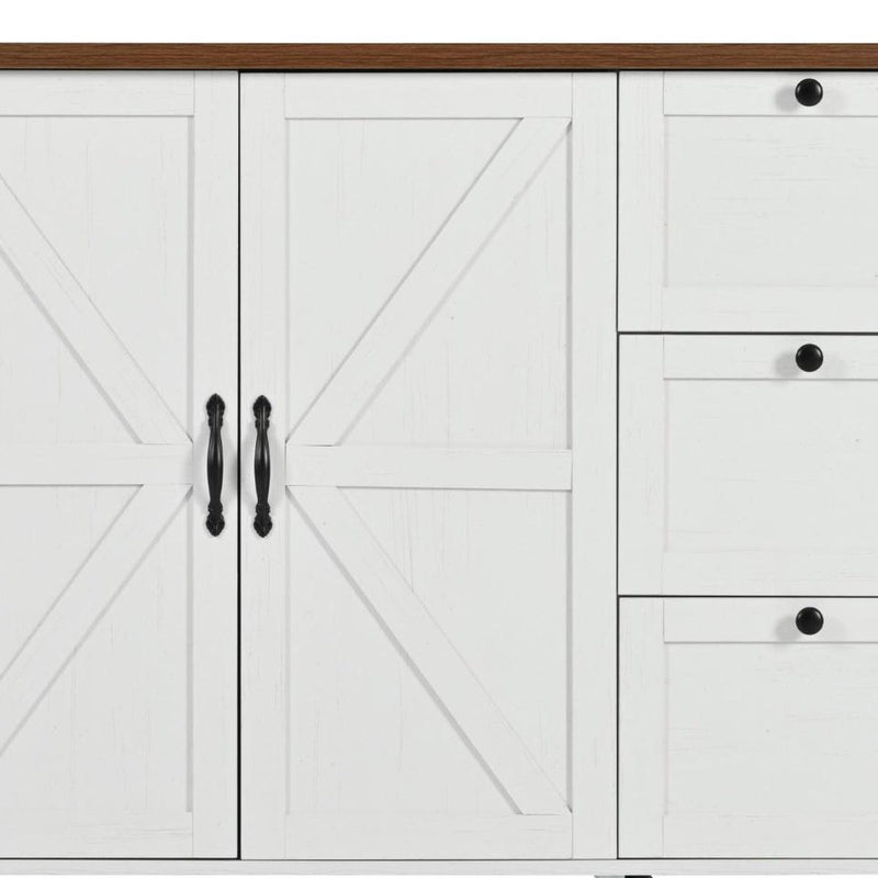 White cabinet door and side drawers with black round knobs on a rolling cart