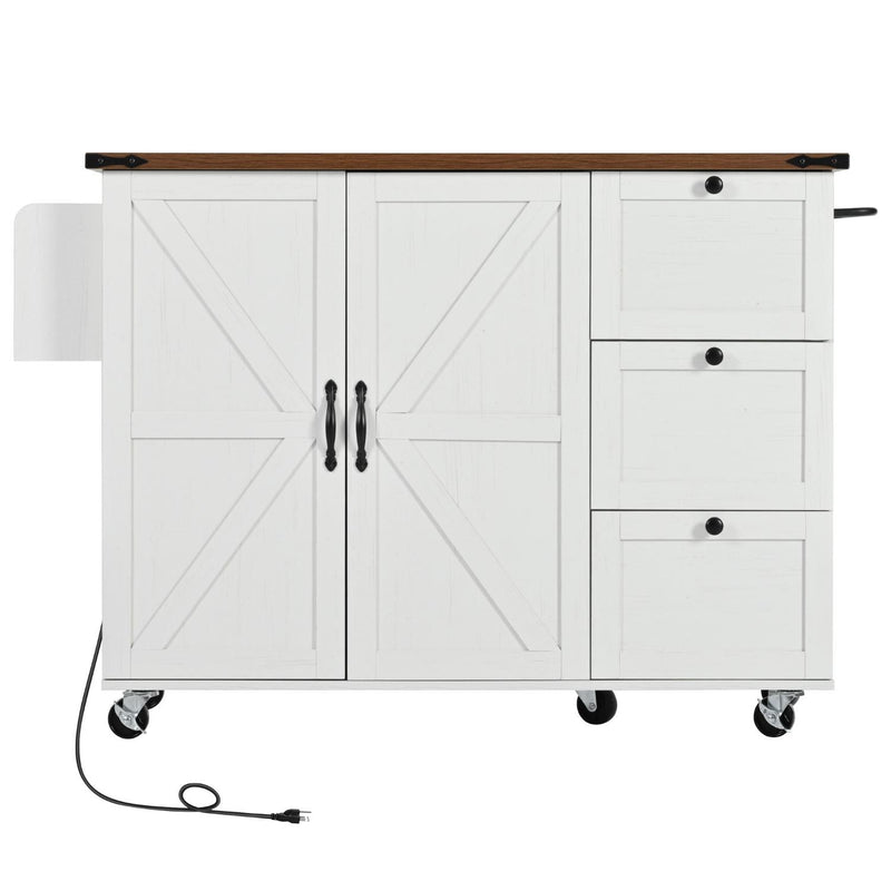 White kitchen cart side view with brown top, drawers, black hardware, and caster wheels