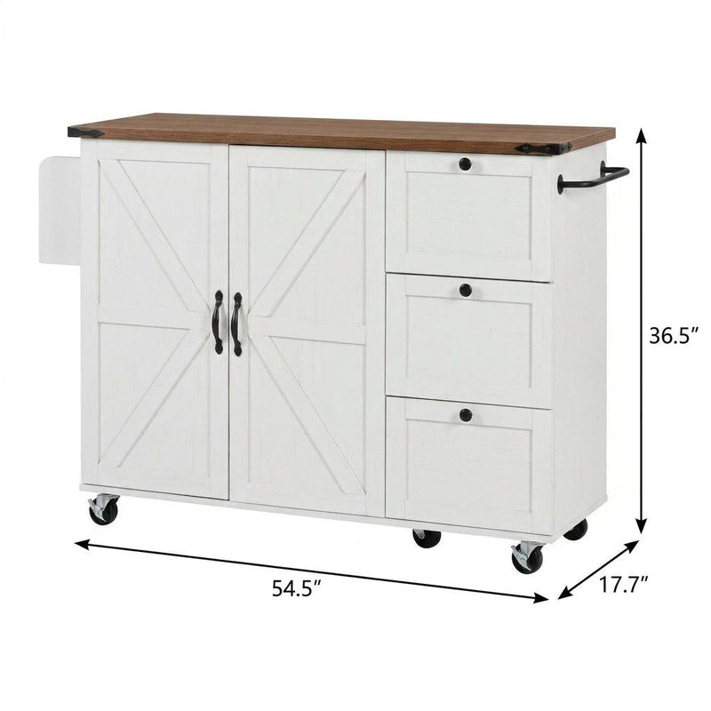 Rolling kitchen cart with brown wood top, white cabinets, drawers, and four casters