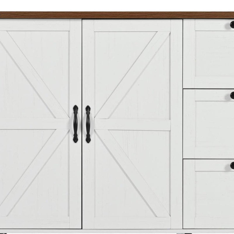 White double cabinet doors with black curved handles on a rolling kitchen cart