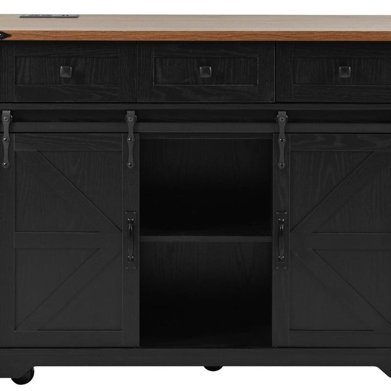 Black kitchen storage cart with wood top, two hinged doors, and open middle compartment