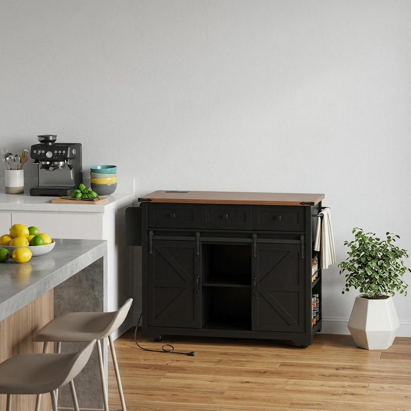 Black cabinet kitchen cart with wood tabletop, open center storage, and hinged doors
