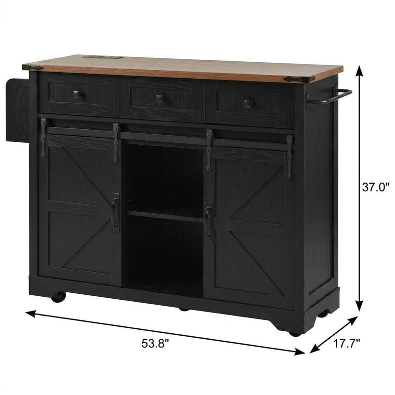 Black rolling kitchen cart with wood top; 53.8 in W, 37.0 in H, 17.7 in D