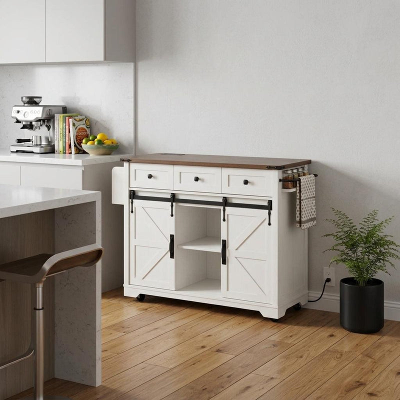 Rolling kitchen cart with brown wood tabletop and white storage doors, drawers, and open shelf