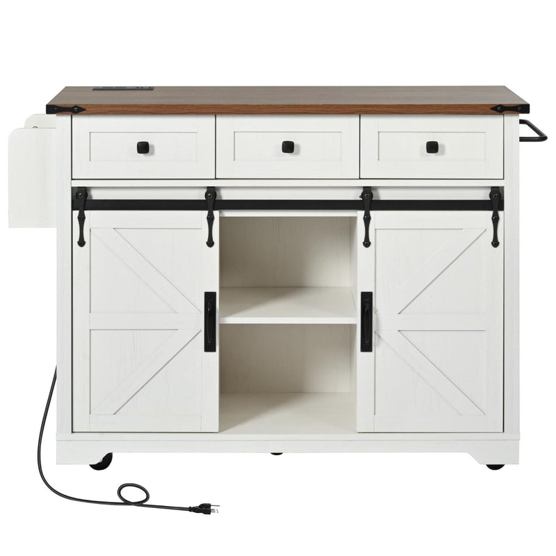 White rolling kitchen cart with brown top, two door cabinets, pull-out drawers, USB cable