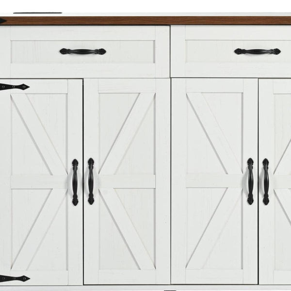 White rolling kitchen cart with four paneled doors and two drawers, black handles.