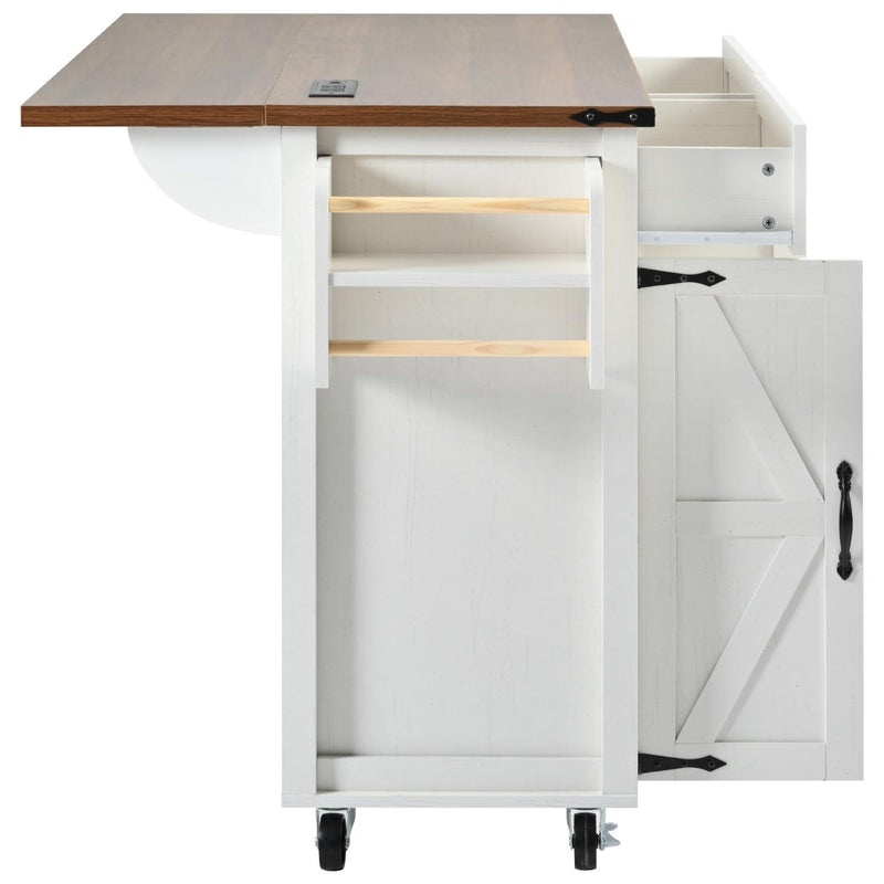 White kitchen cart with open cabinet doors and wooden shelves, shown on caster wheels.