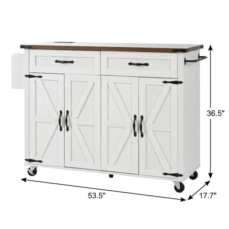 White rolling kitchen cart with brown top; 53.5W x 36.5H x 17.7D inches.