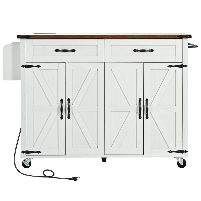 White kitchen cart with brown top, four doors, caster wheels, and black pull handles.