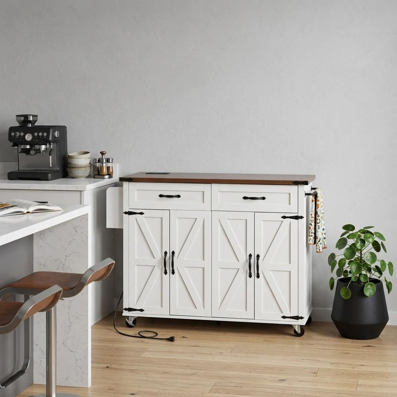 White kitchen cart with brown countertop, drawers and paneled doors on caster wheels.