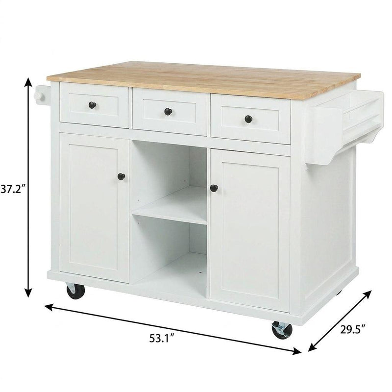 White kitchen storage cart with wood top, three drawers, and cabinet doors on wheels